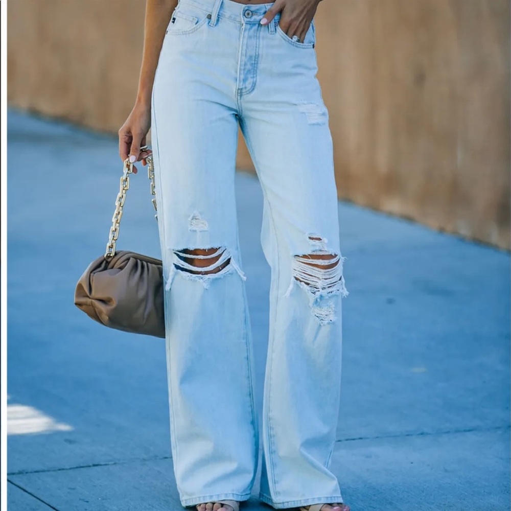 HIGH WAIST 90βs Style Light Wash Wide Leg Distressed Ripped Flare Denim Jeans - Picture 5 of 10